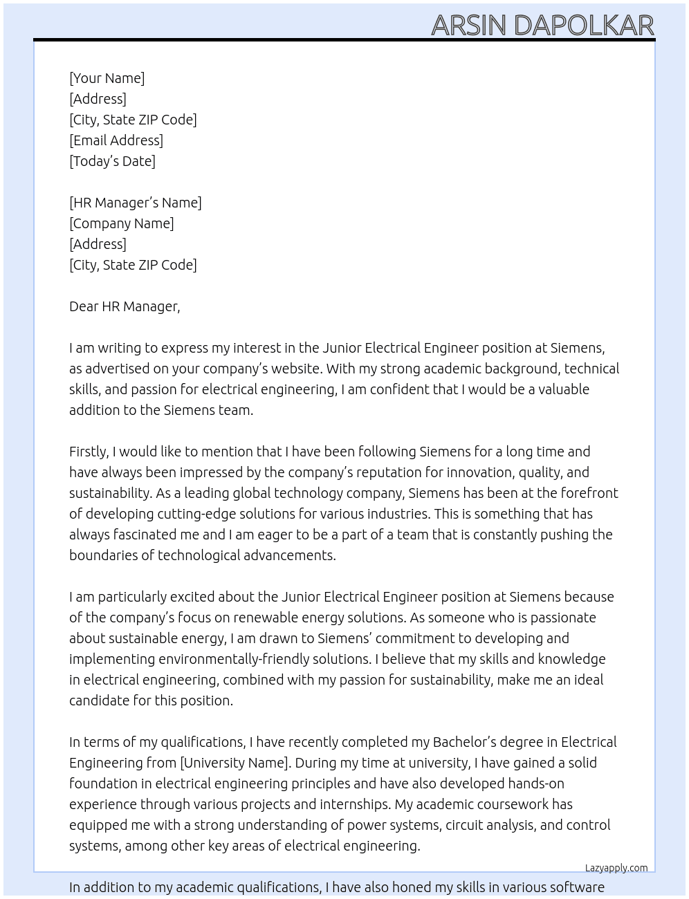 Junior electrical engineer  At Siemens  Cover Letter