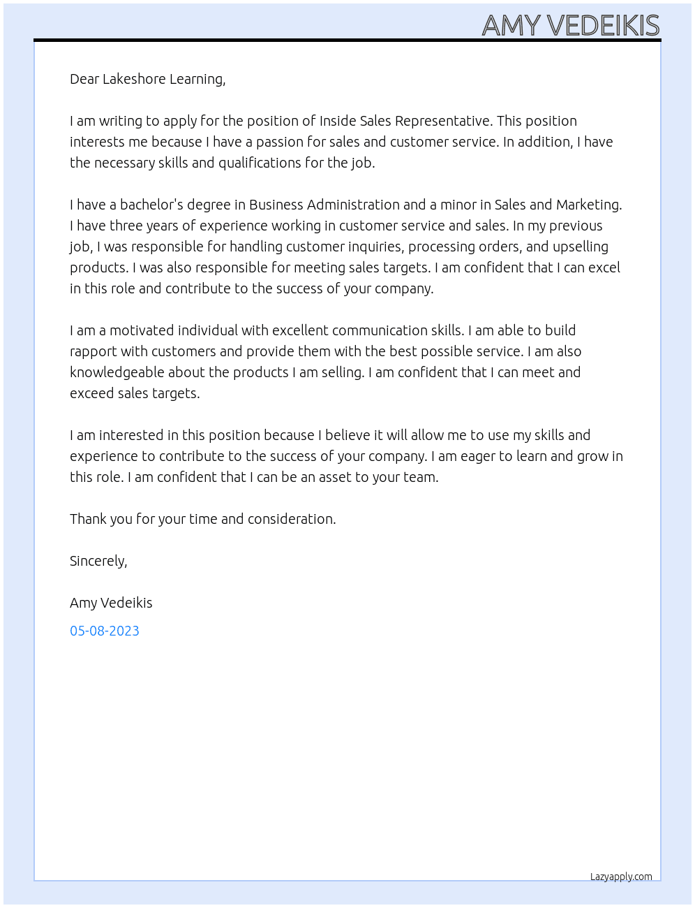 Inside Sales Representative At Lakeshore Learning Cover Letter
