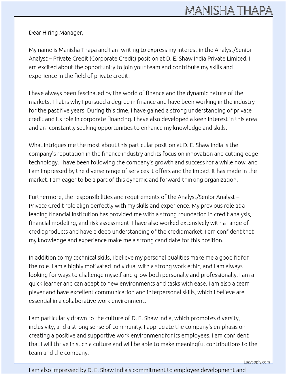 Analyst/Senior Analyst – Private Credit (Corporate Credit) At D. E. Shaw India Private Limited Cover Letter