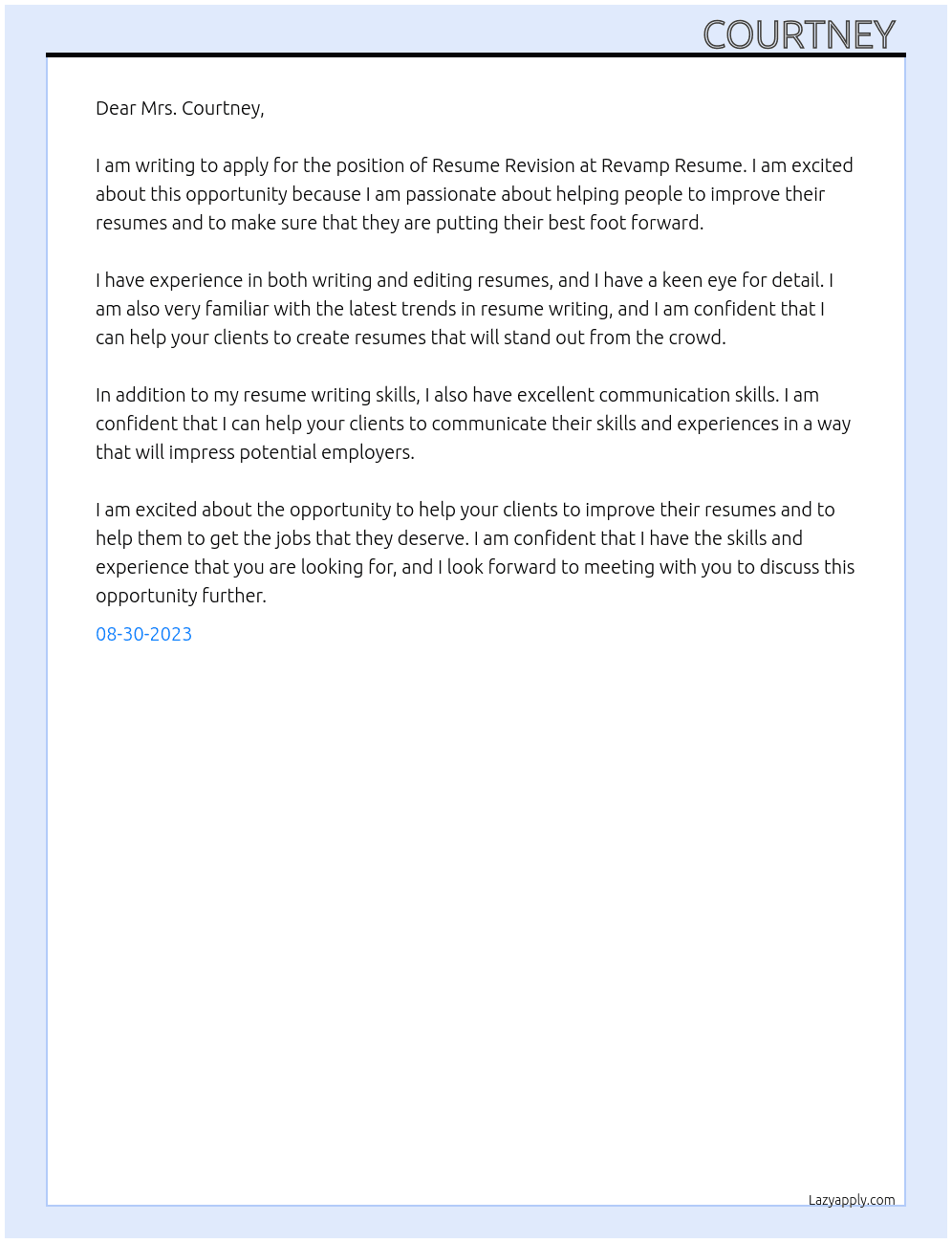 Resume Revision  At Revamp resume Cover Letter