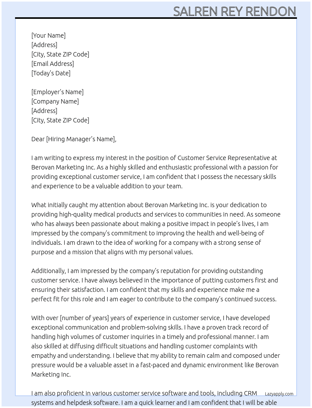 Customer service representative At Berovan Marketing Inc. Cover Letter