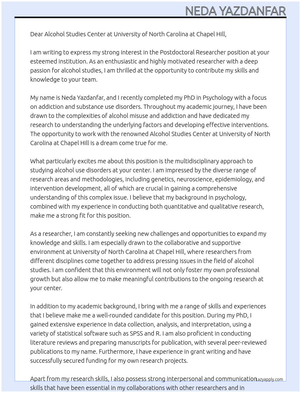 postdoc researcher At University of North Carolina at Chapel Hill Cover Letter