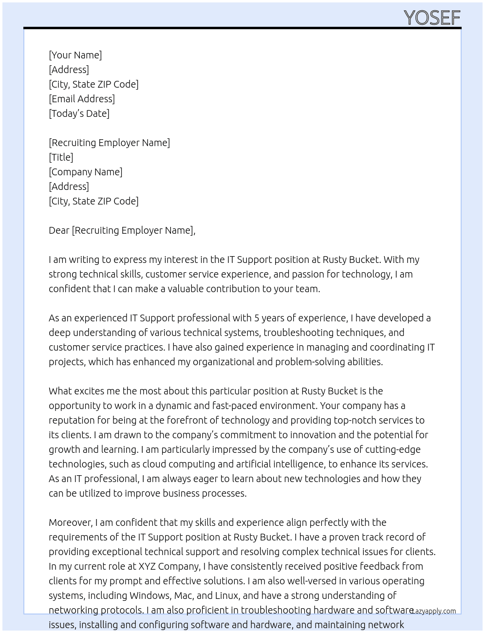 it support At Rusty Bucket Cover Letter