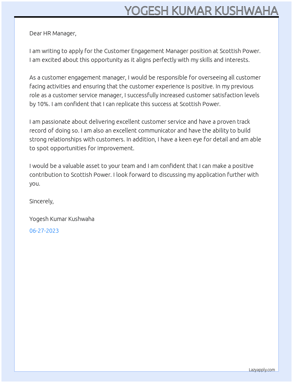 Customer Engagement Manager  At Scottish Power Cover Letter