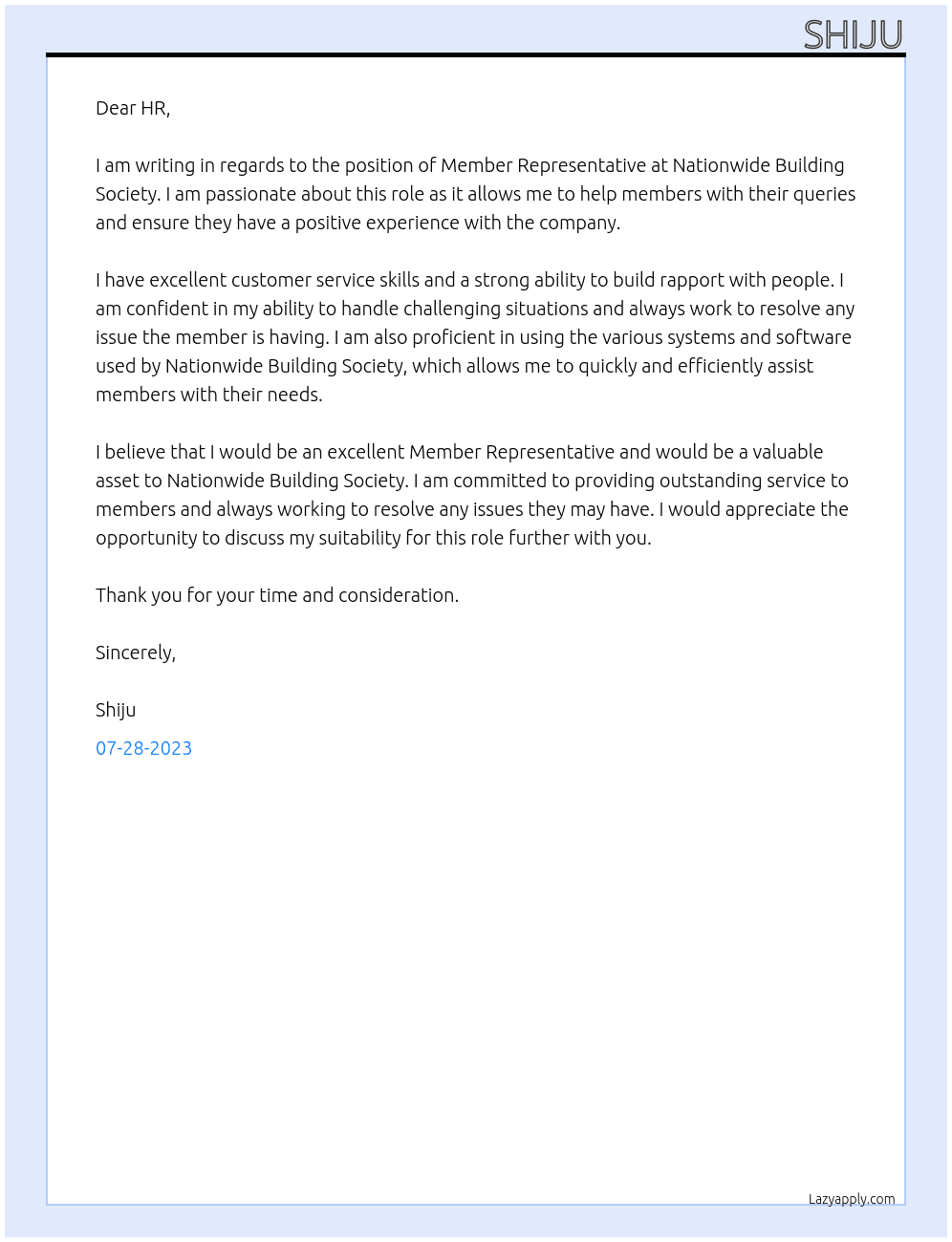 MEMBER REPRESENTATIVE At nationwide building society Cover Letter