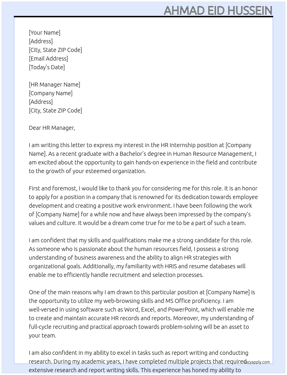 HR Internship At proserv Cover Letter
