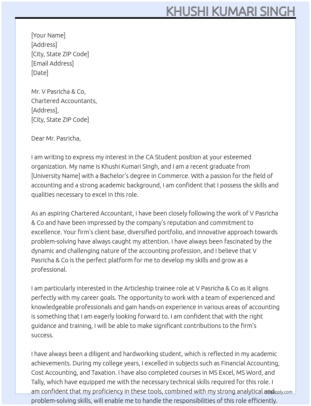 CA Student At google Cover Letter