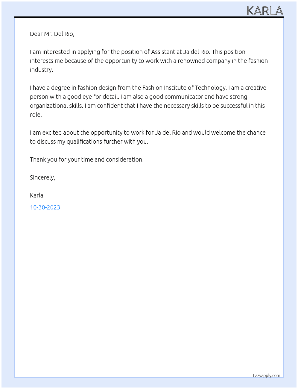 Assistant  At Ja del rio Cover Letter
