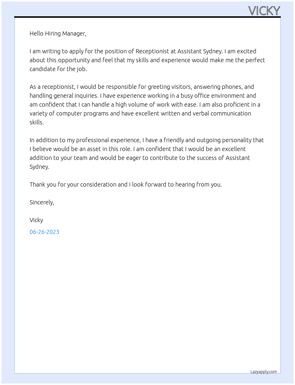 Receptionist  At Assistant Sydney Cover Letter