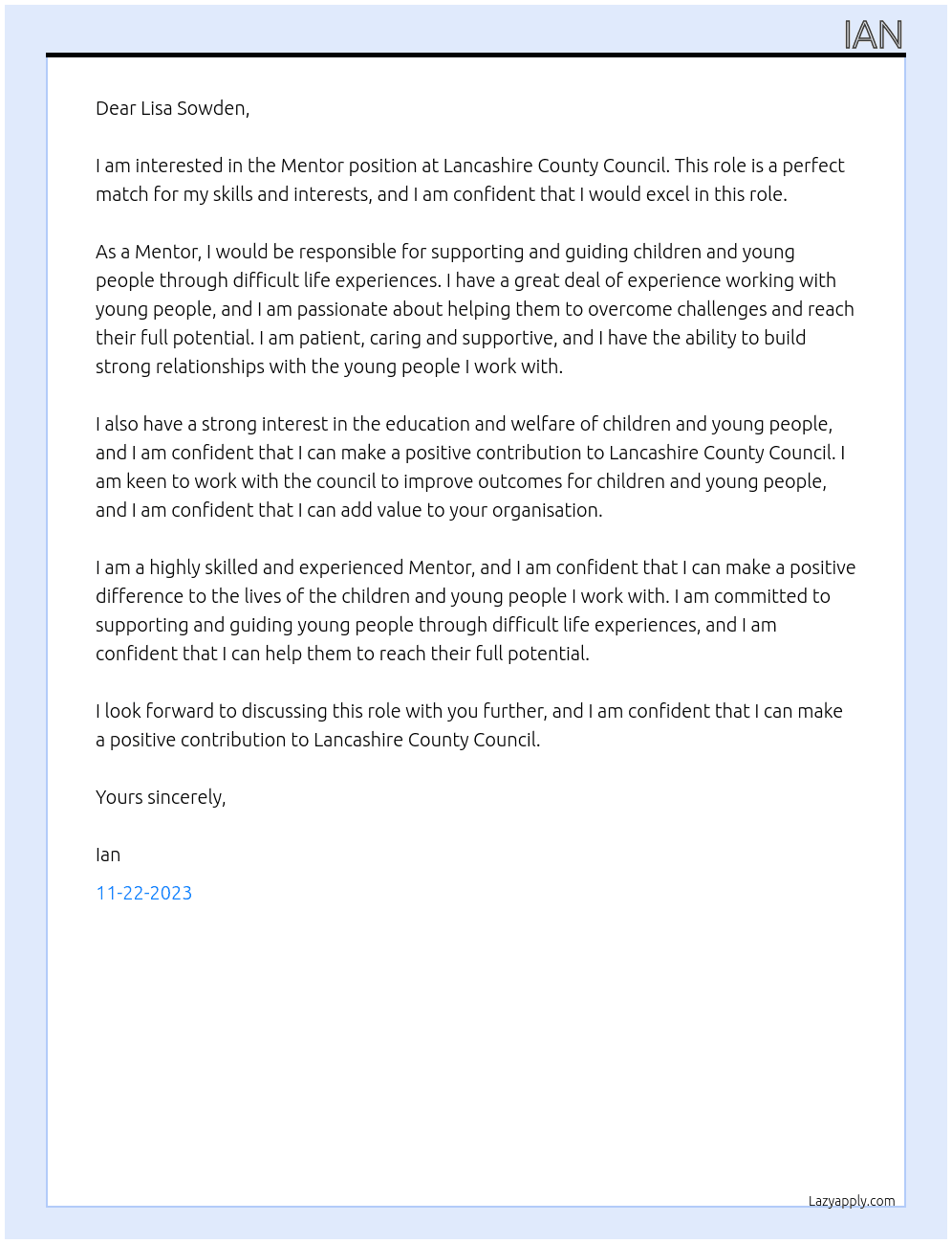 Mentor At Lancashire County Council Cover Letter