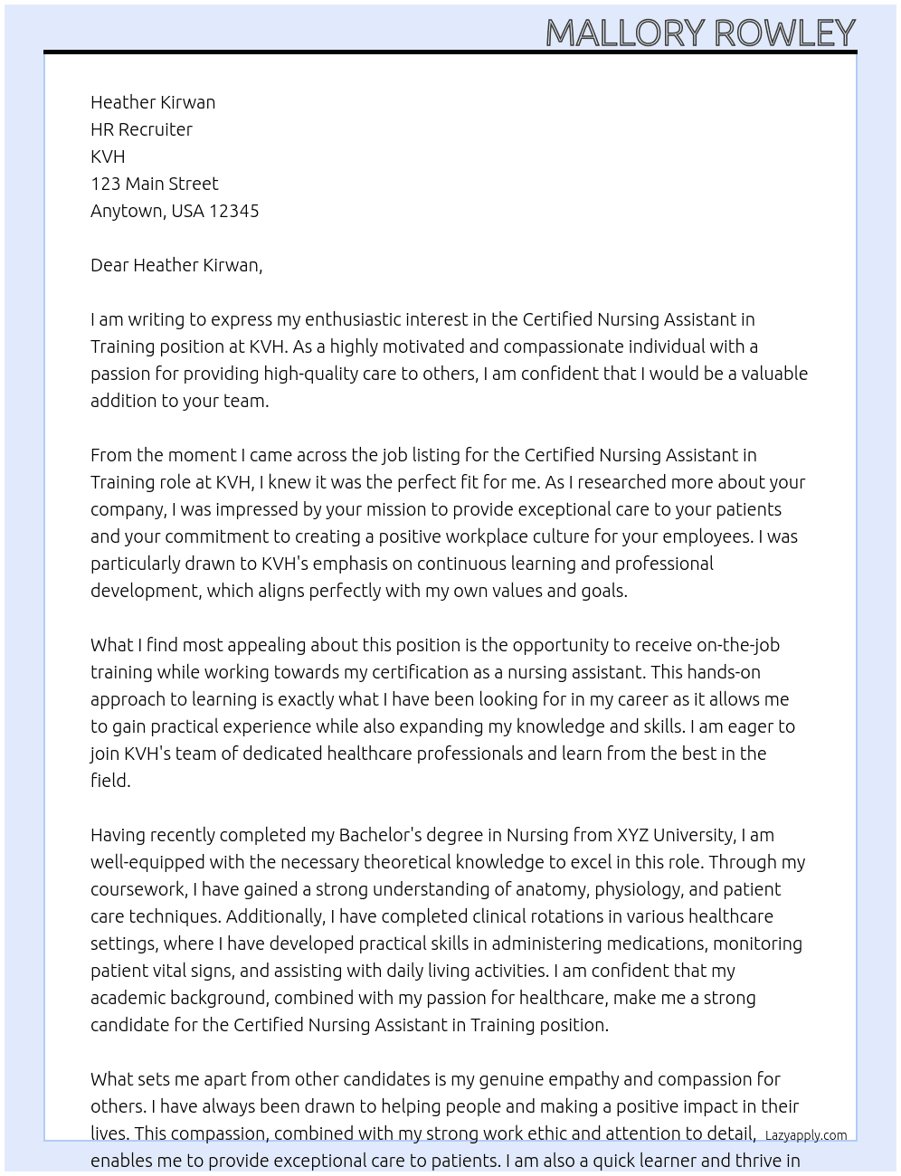 Certified Nursing Assistant in Training At KVH Cover Letter