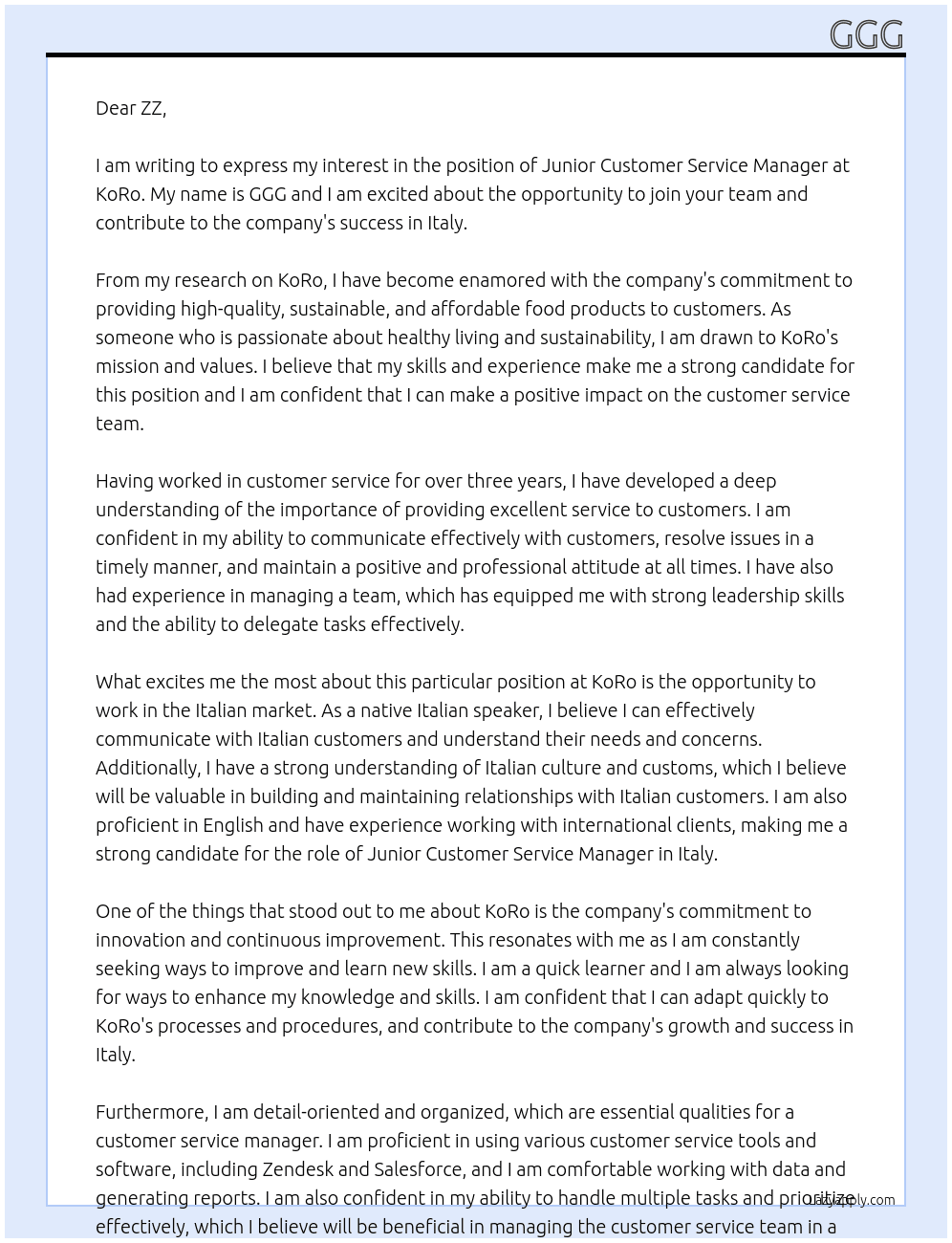 Junior Customer Service Manager Italy At KoRo Cover Letter