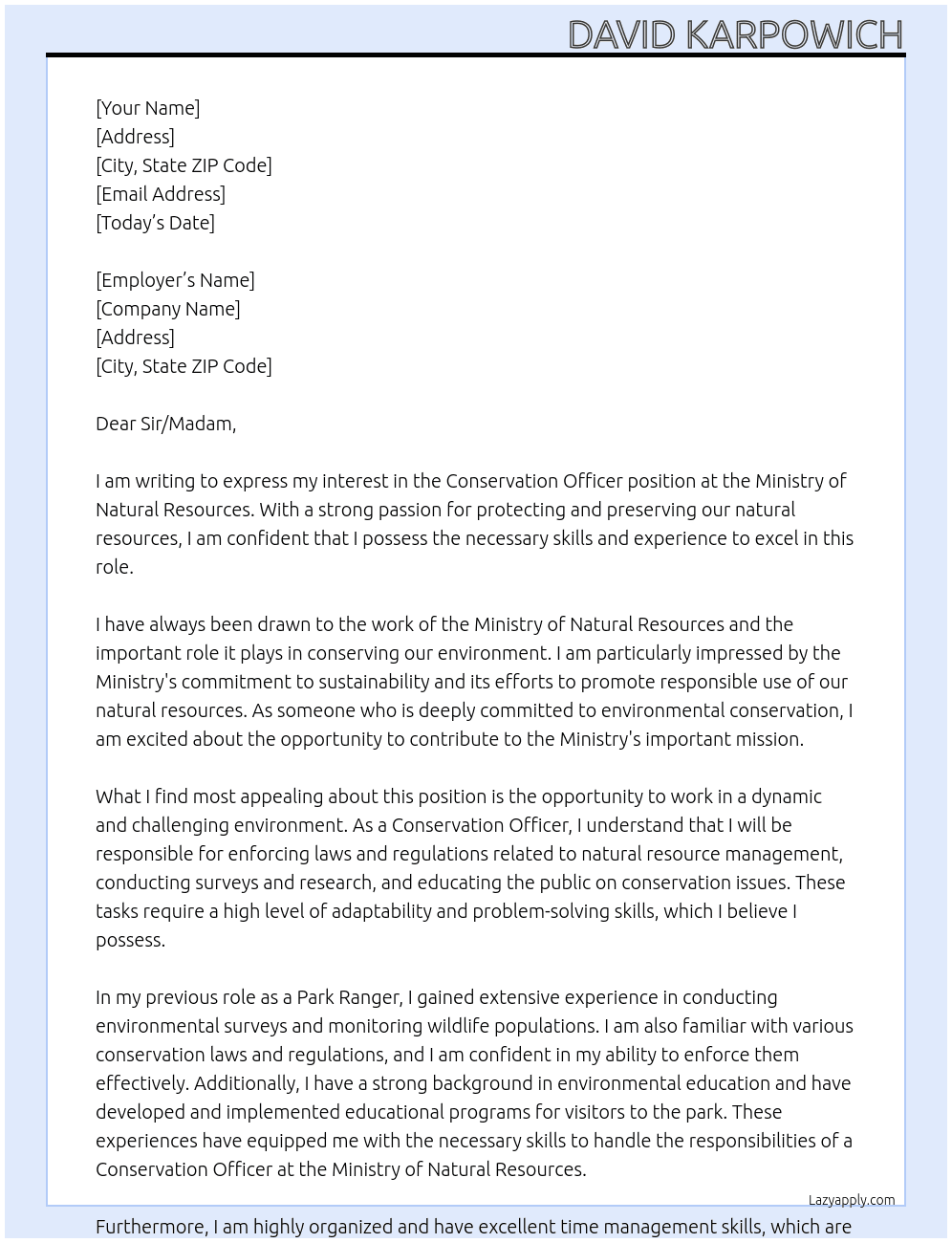 Conservation Officer At Ministry of Natural Resources Cover Letter