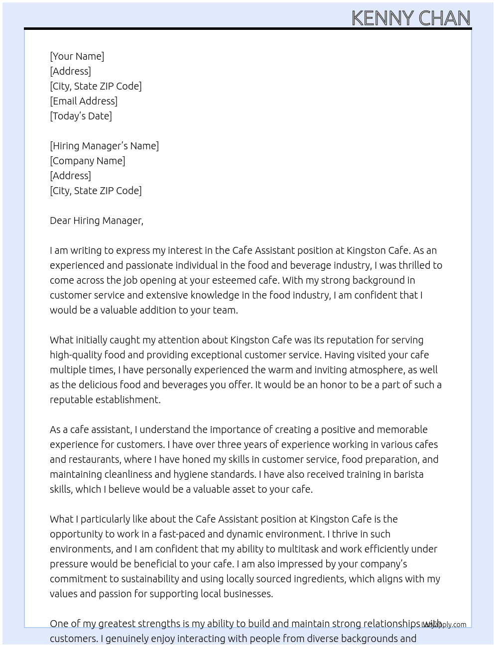 Cafe Assistant At Kingston Cafe Cover Letter