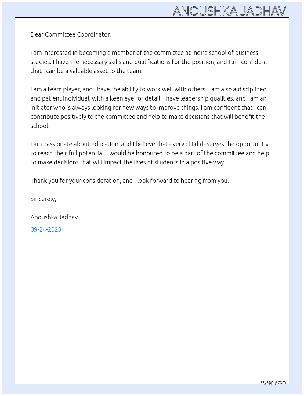 committee member At Indira school of business studies  Cover Letter