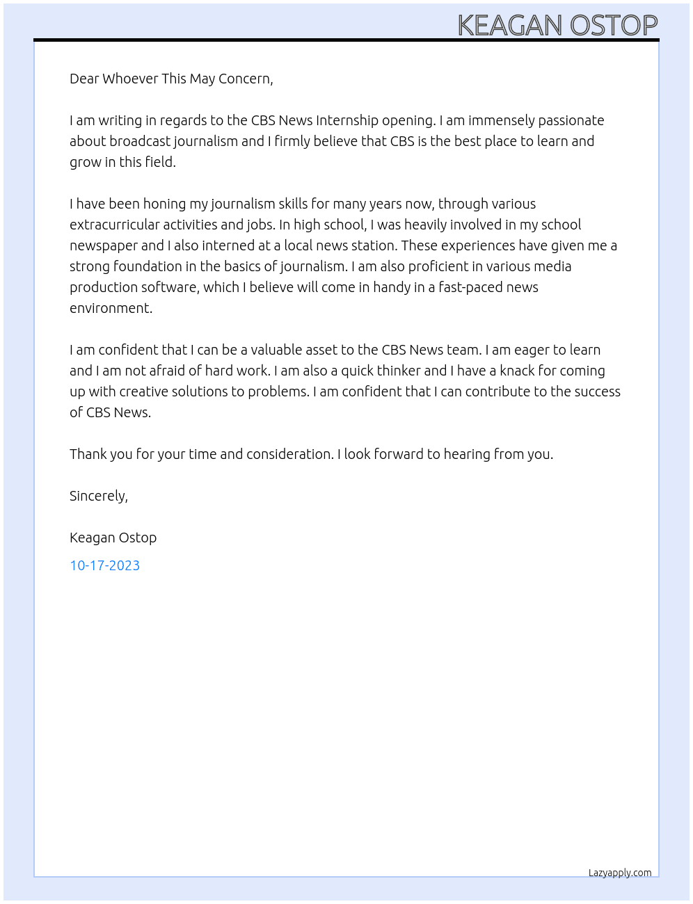 CBS News Internship At CBS Cover Letter
