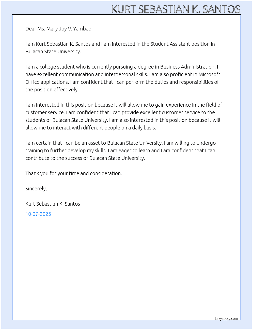 Student Assistant At Bulacan State University Cover Letter