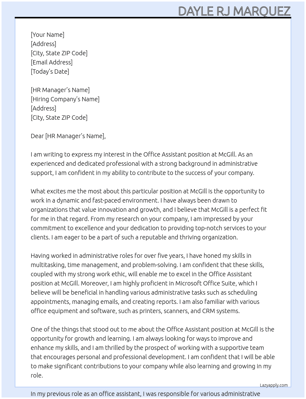 Office Assistant At McGill Cover Letter