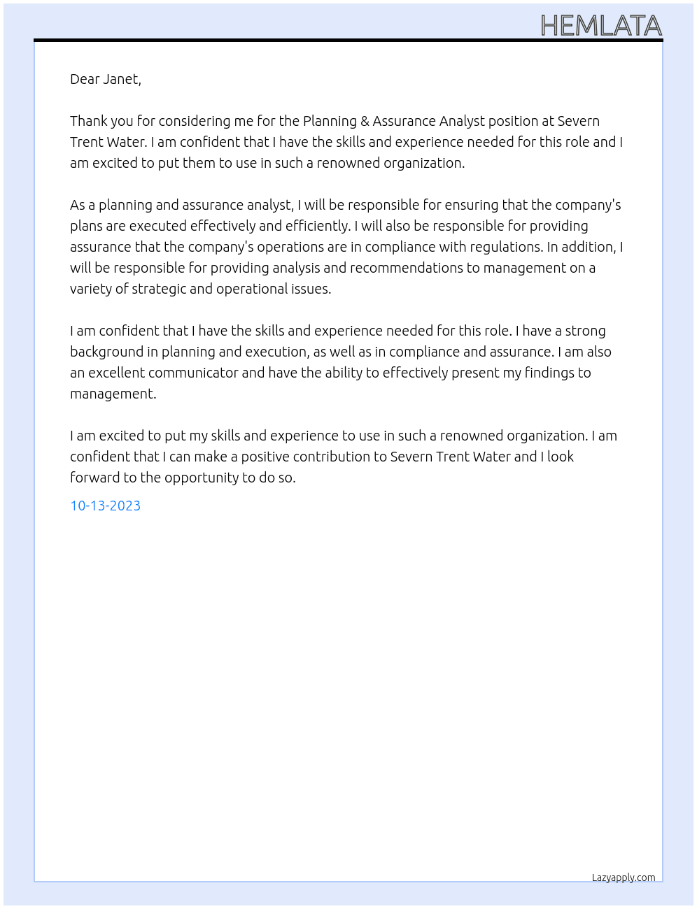 Planning & Assurance Analyst  At Severn Trent  Water Cover Letter