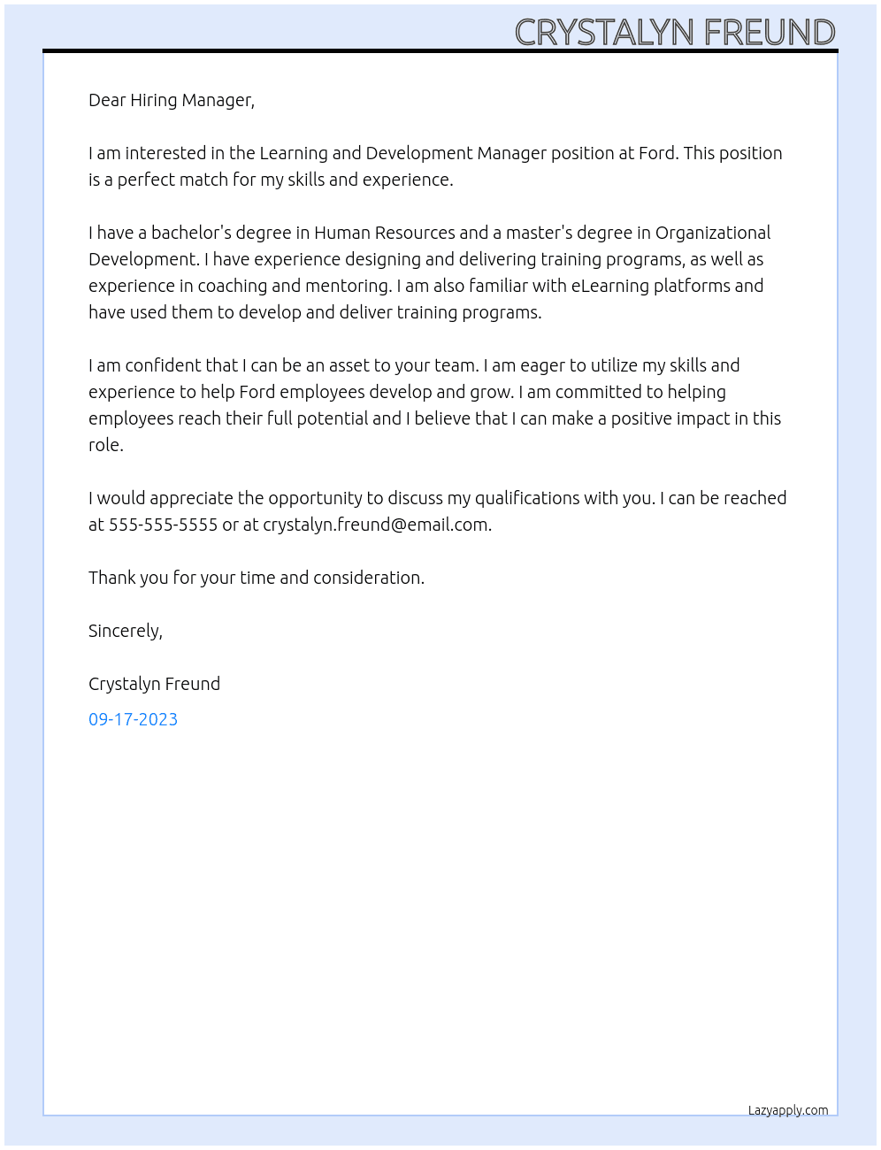 Learning and Development Manager At Ford Cover Letter