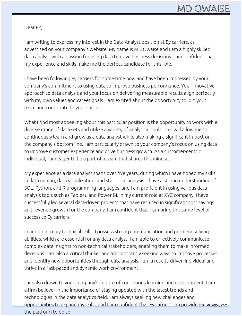 Data analyst  At Ey carriers  Cover Letter