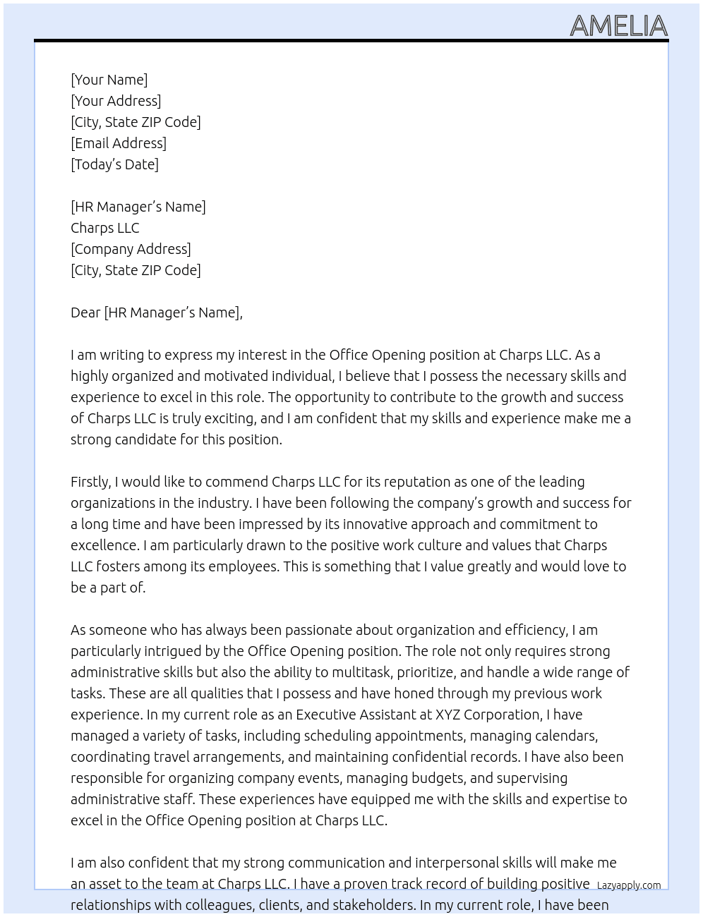 Office opening At Charps LLC Cover Letter