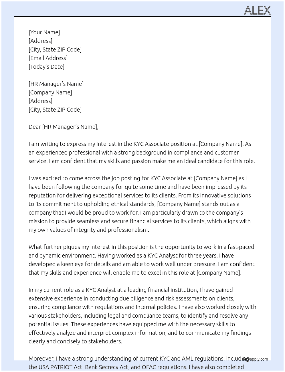 KYC Associate At BET Cover Letter