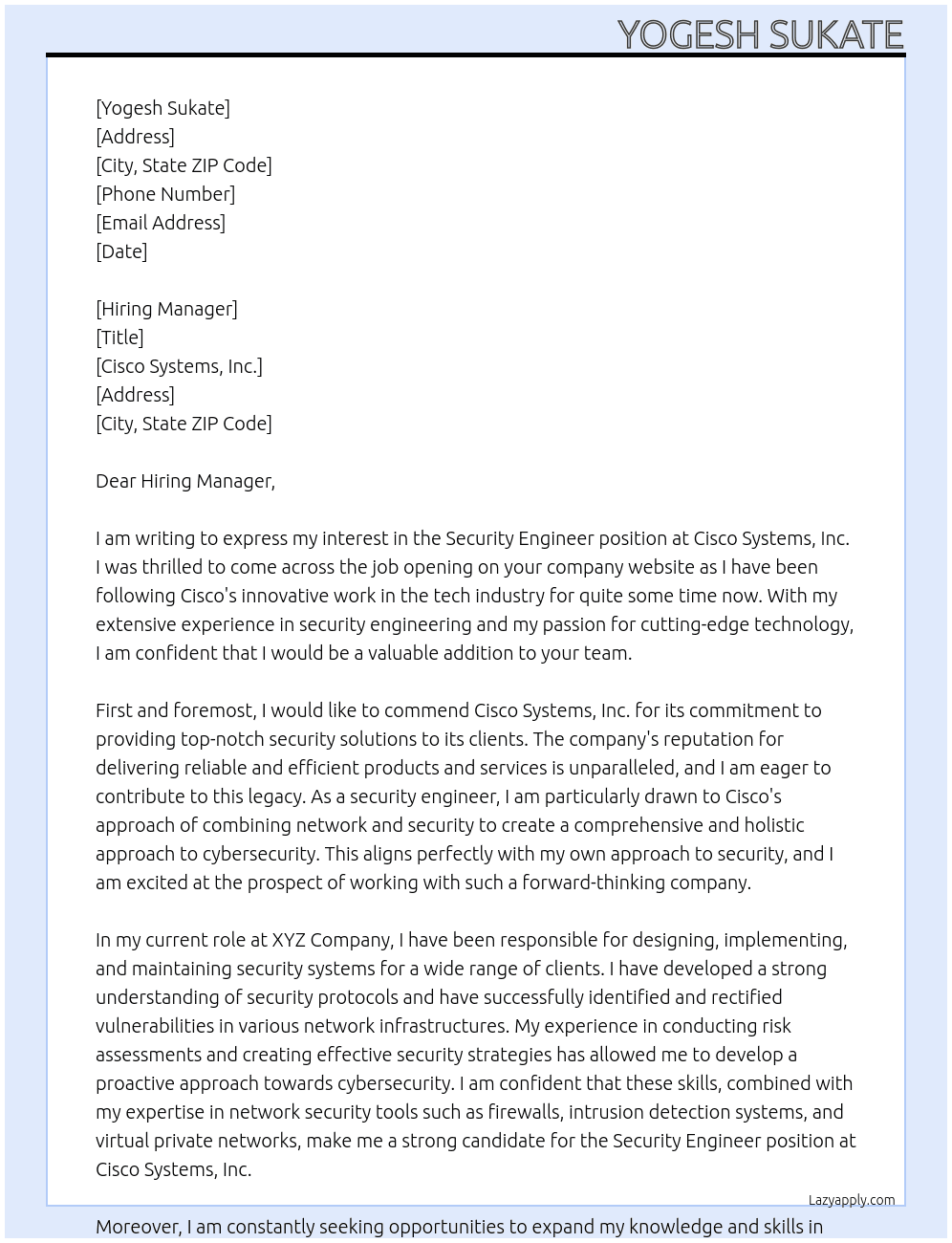 Security Engineer  At Cisco Systems, Inc. Cover Letter