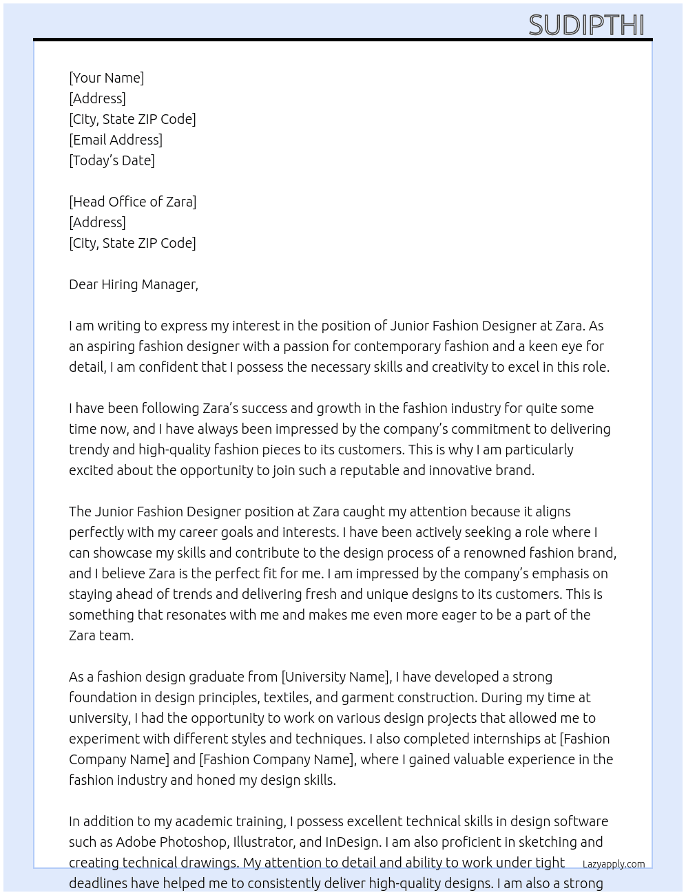 junior fashion designer At Zara Cover Letter