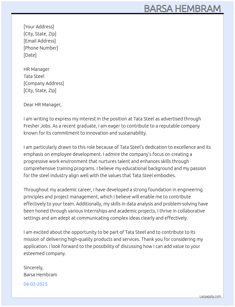 Tata steel  At Fresher jobs  Cover Letter