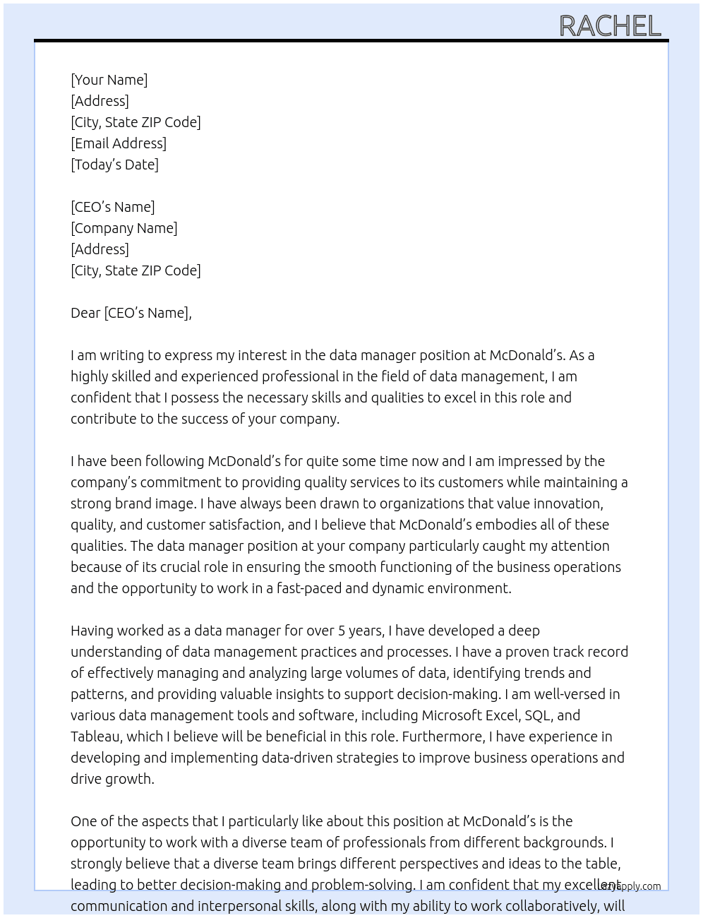 data manager At mcdonalds Cover Letter