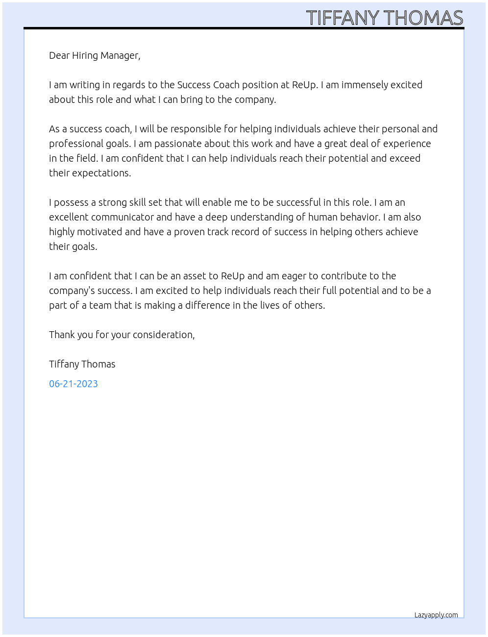 Success Coach At ReUp Cover Letter