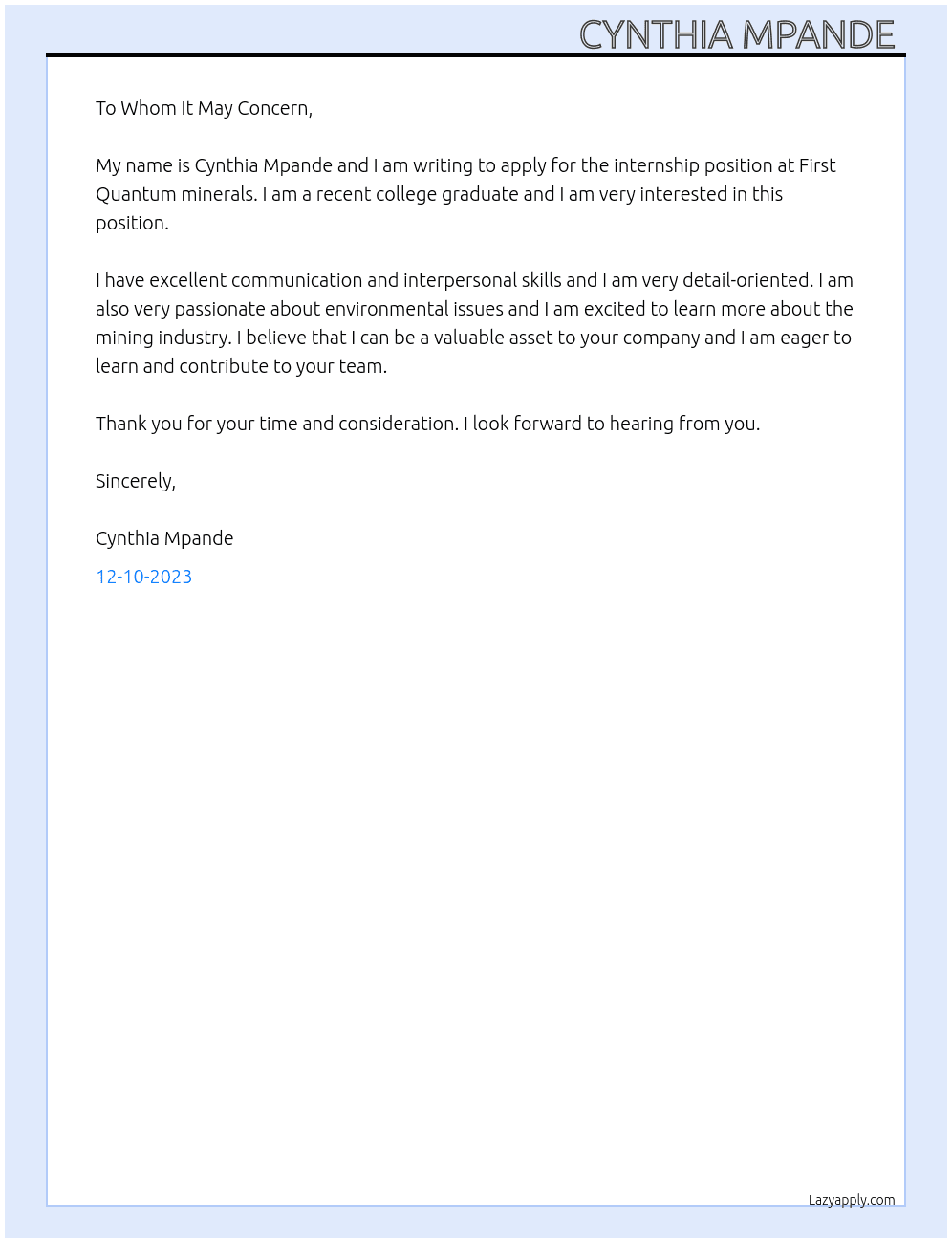 Internship  At First Quantum minerals  Cover Letter