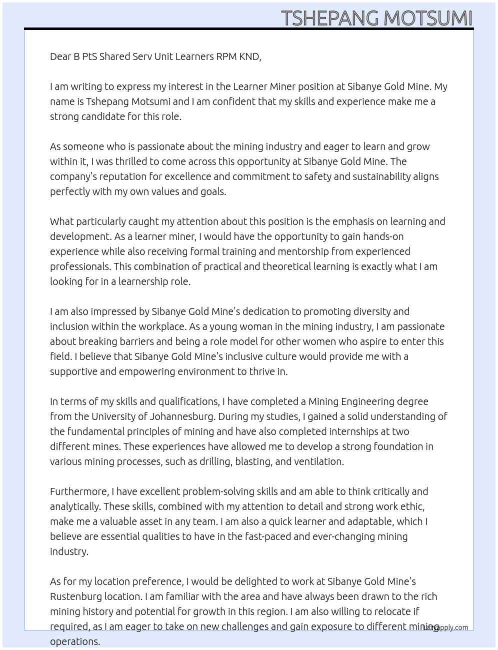  Learner Miner At Sibanye Gold Mine Cover Letter