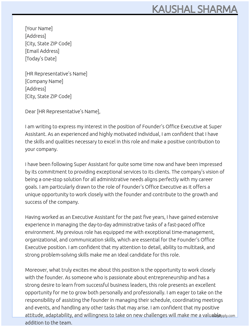 Cover letter for founder's office executive - LazyApply