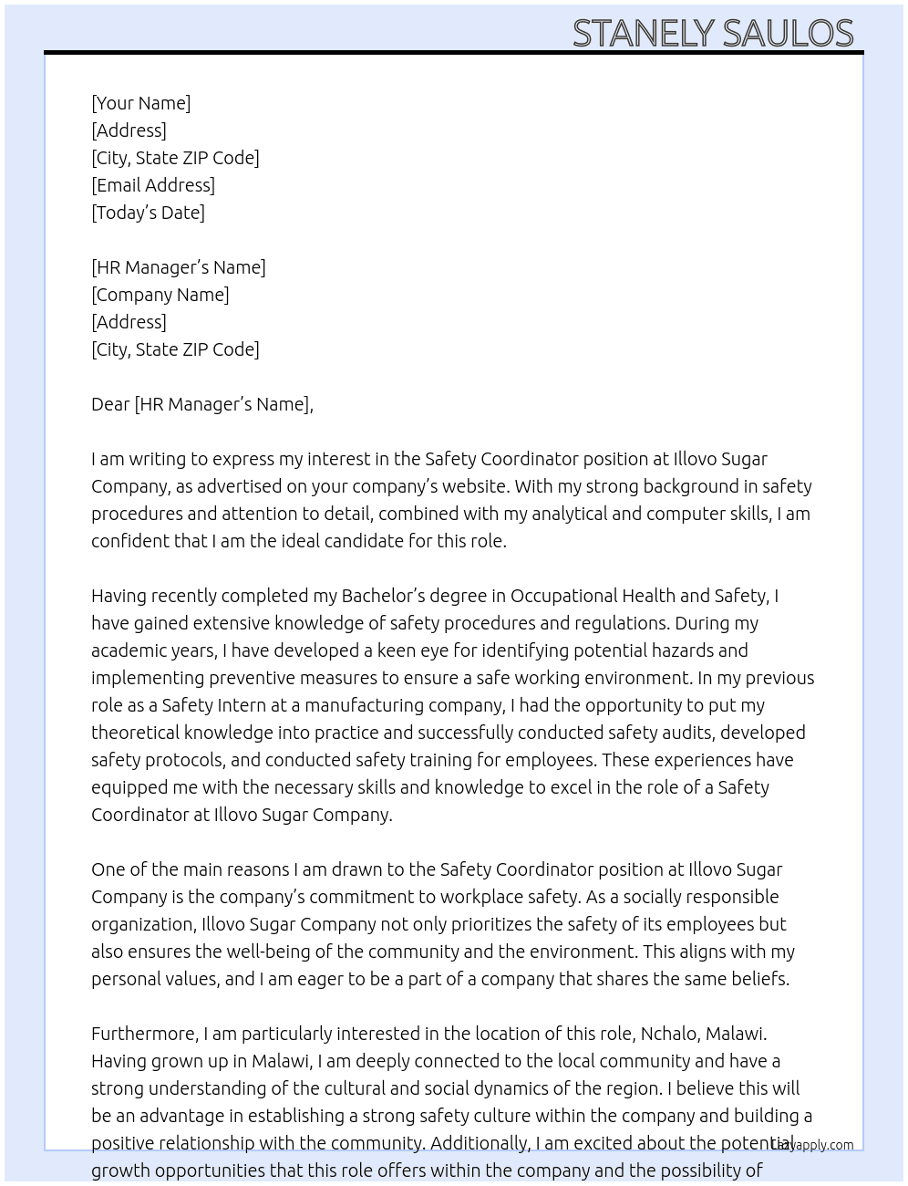 Saftey Coordinator At Illovo Sugar Company Cover Letter