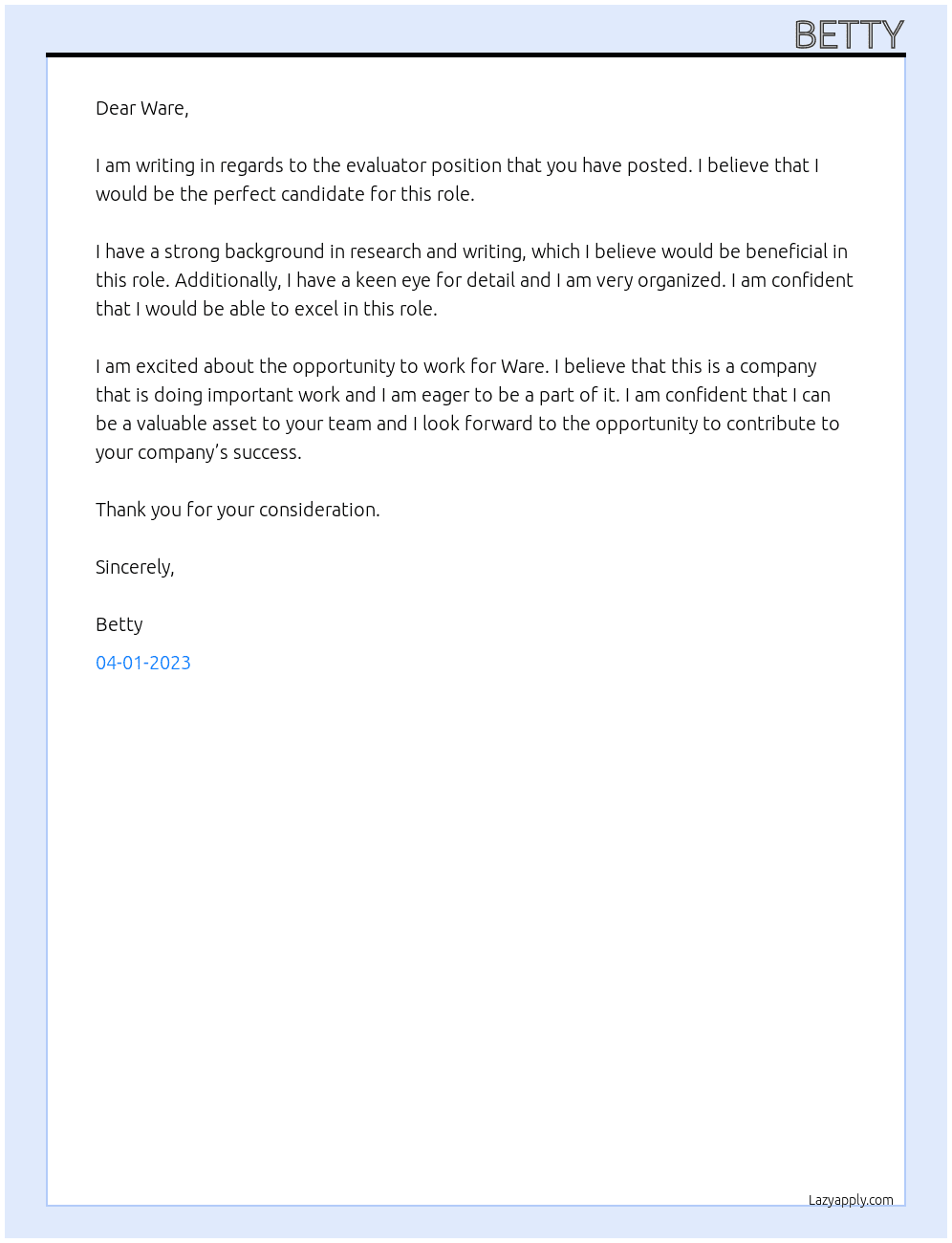 Evaluator At Ware Cover Letter