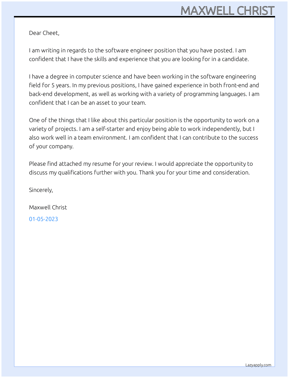Software engineer At cheet Cover Letter