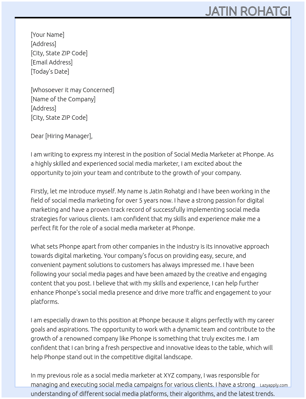 Social media marketer At Phonpe Cover Letter
