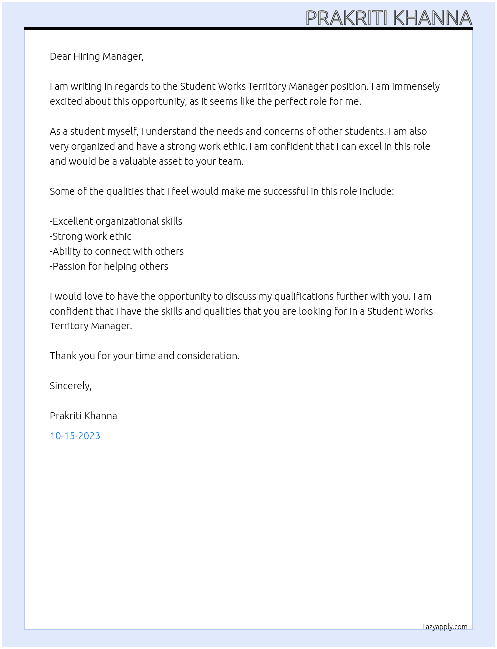 Student works territory manager At Student works Cover Letter