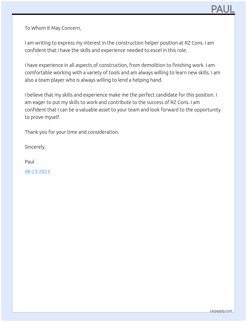 constuction helper  At rz cons Cover Letter