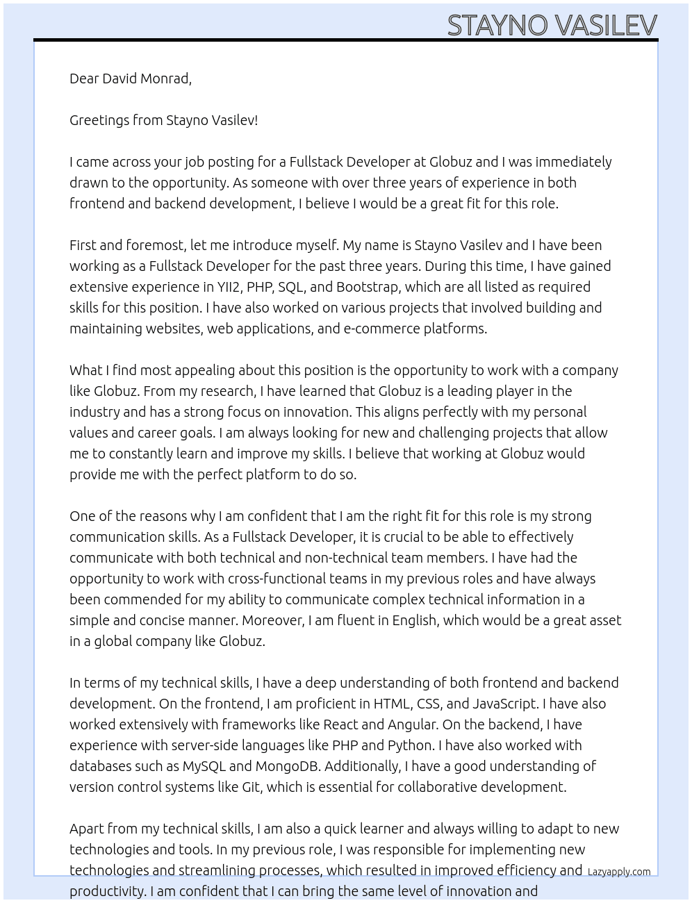 Fullstack Developer At Globuz Cover Letter