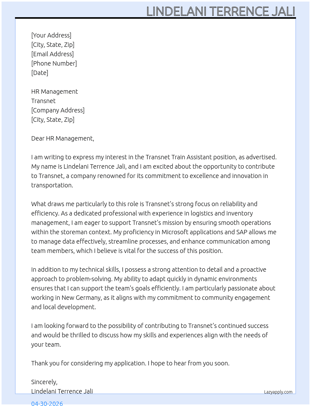 Transnet train assistant At Transnet Cover Letter