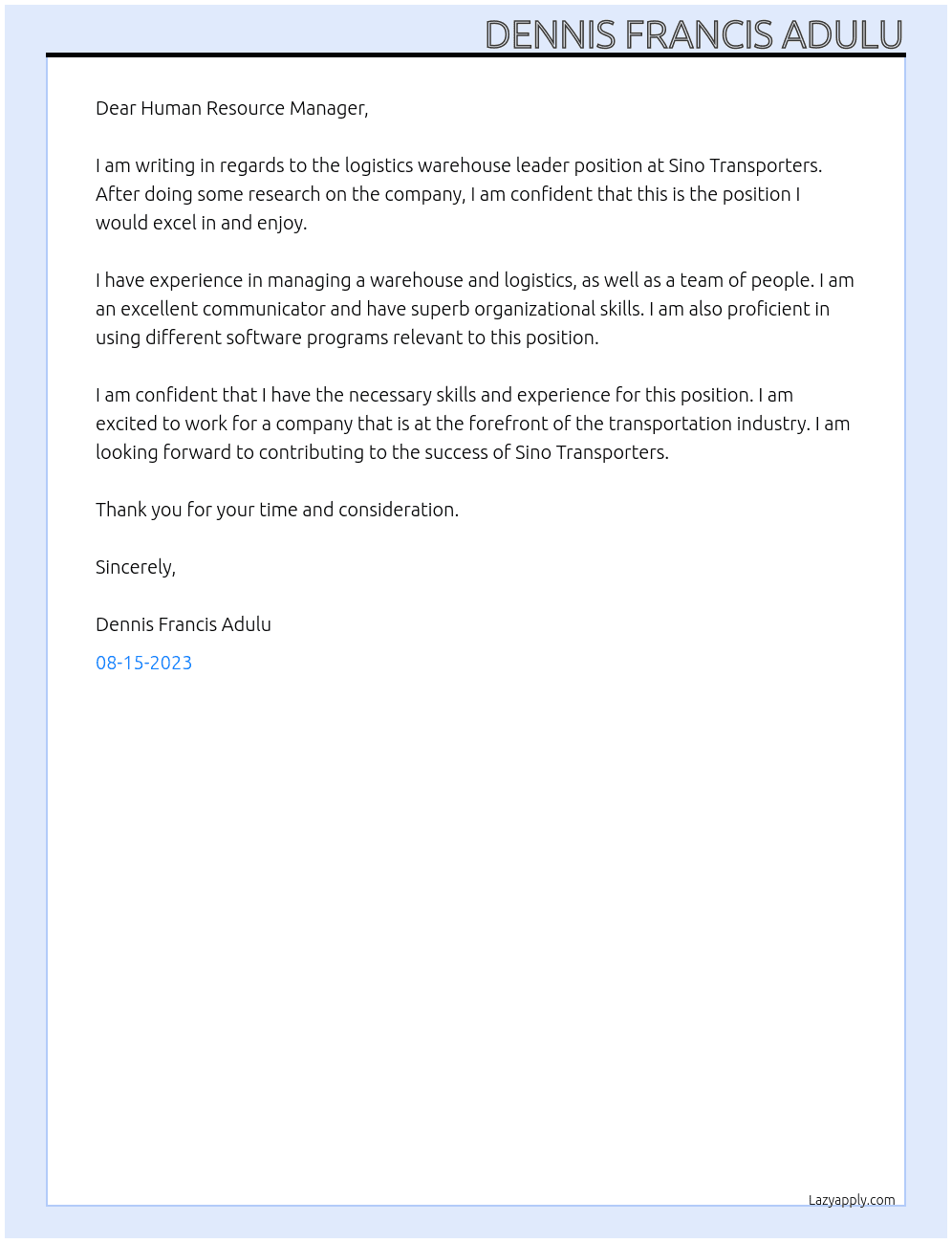 Logistics warehouse leader At Sino Transporters Cover Letter