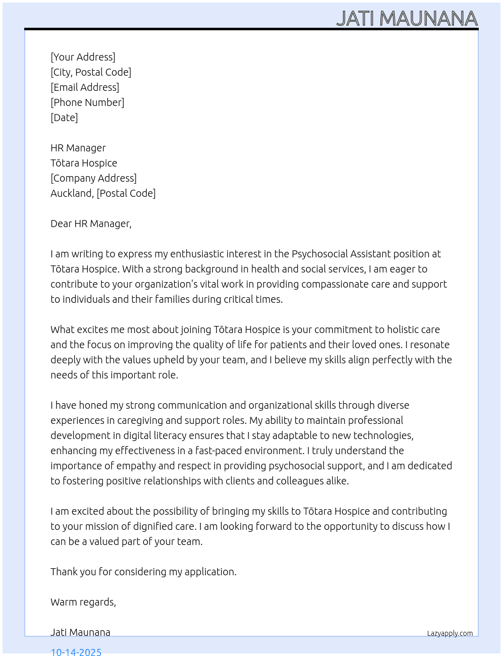 Cover letter for psychosocial assistant - LazyApply