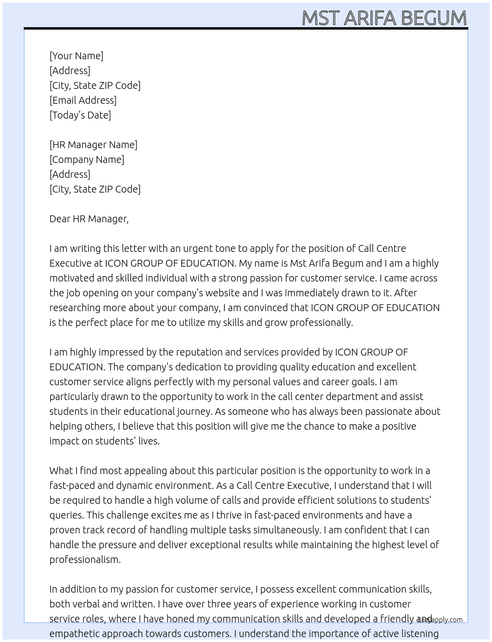 Call Centre Executive At ICON GROUP OF EDUCATION Cover Letter
