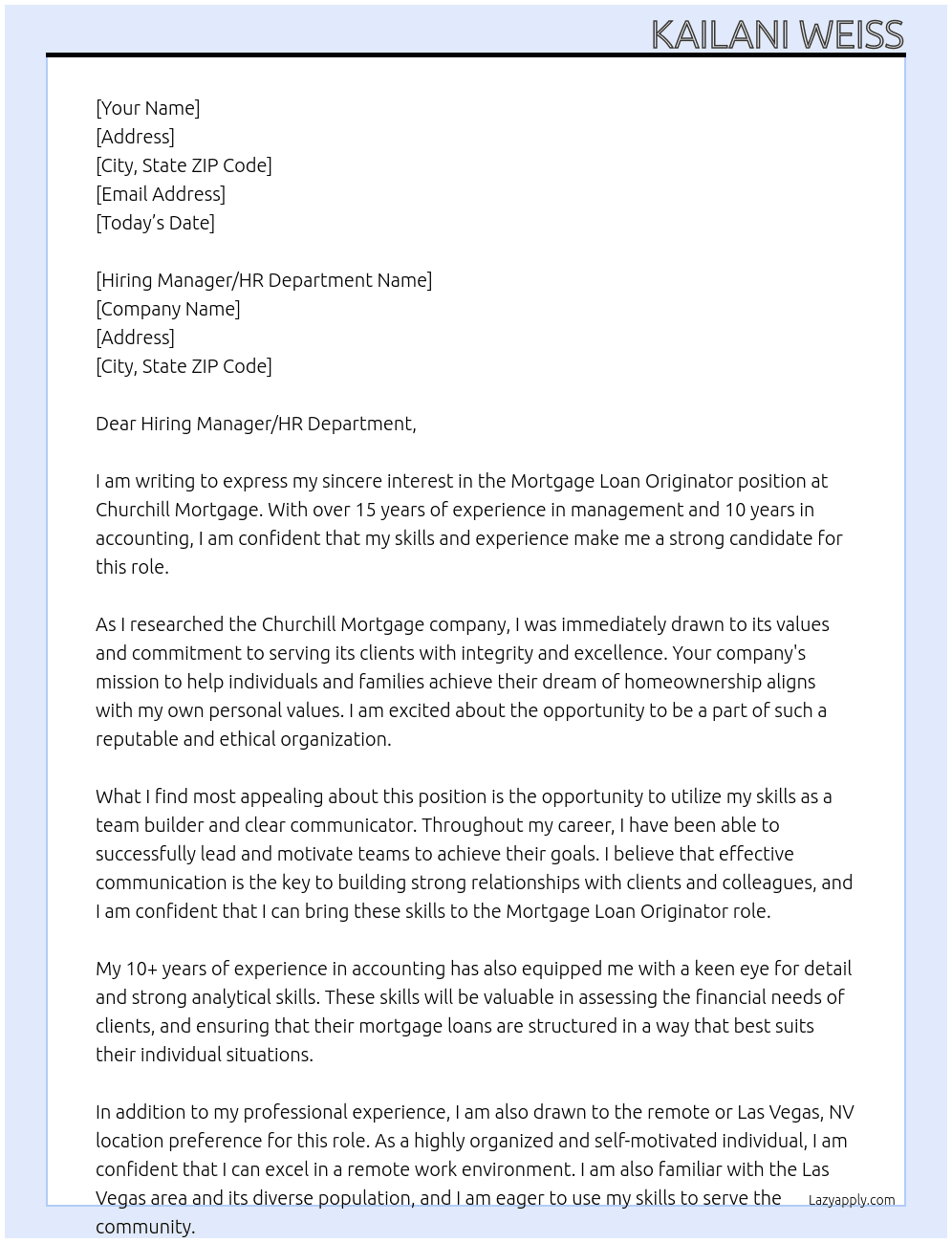 Mortgage Loan Originator At Churchill Mortgage Cover Letter