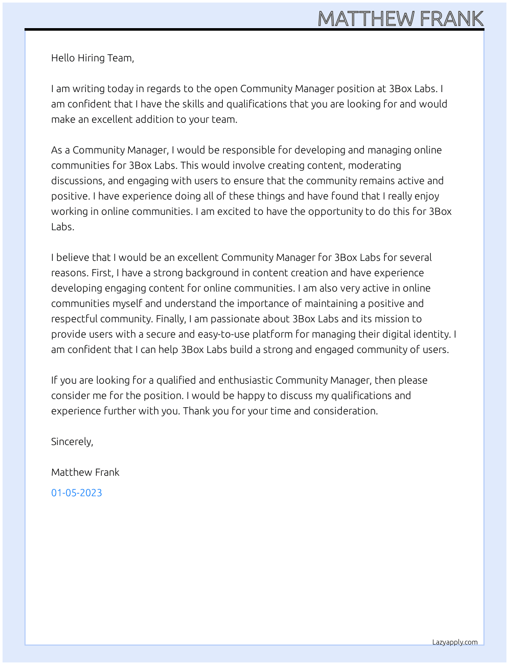 Community Manager At 3Box Labs Cover Letter
