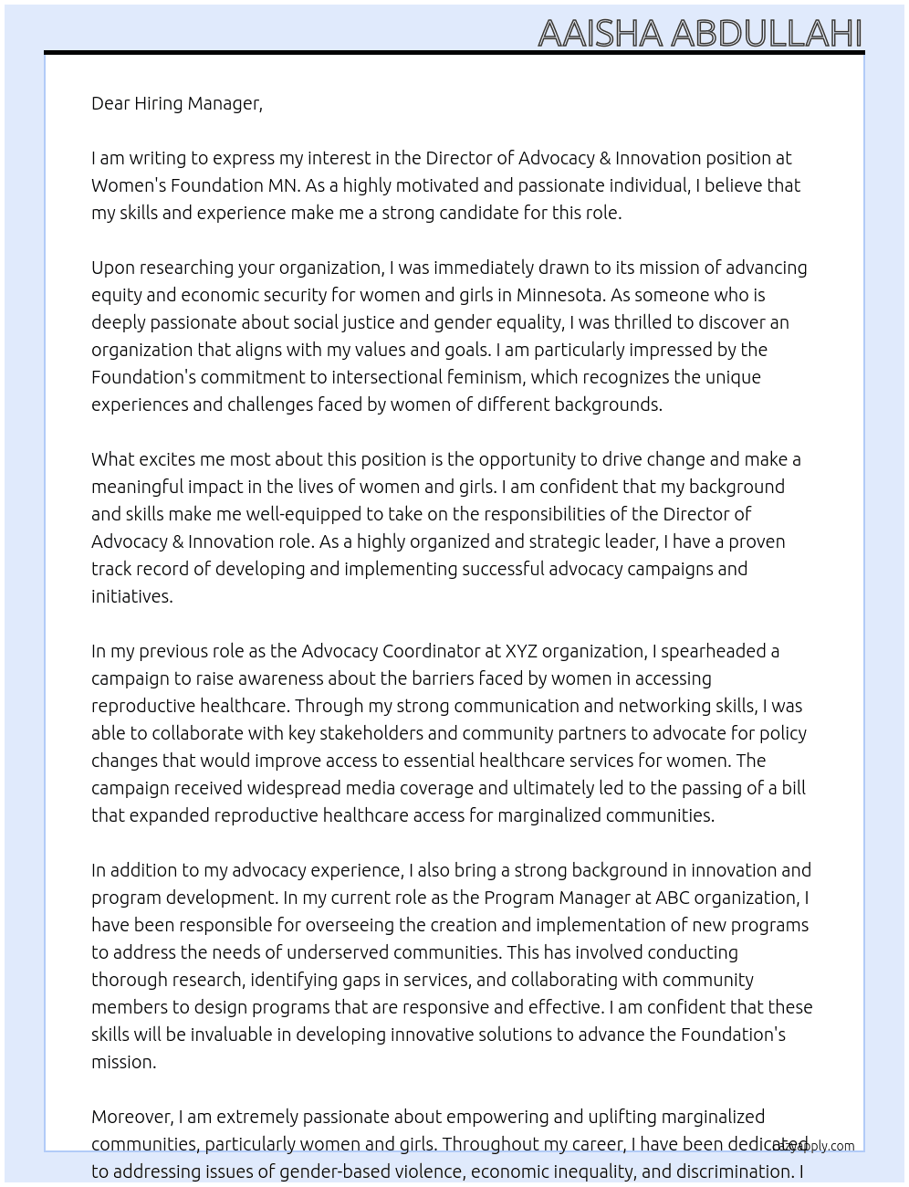 Director of Advocacy & Innovation At Women's Foundation MN Cover Letter
