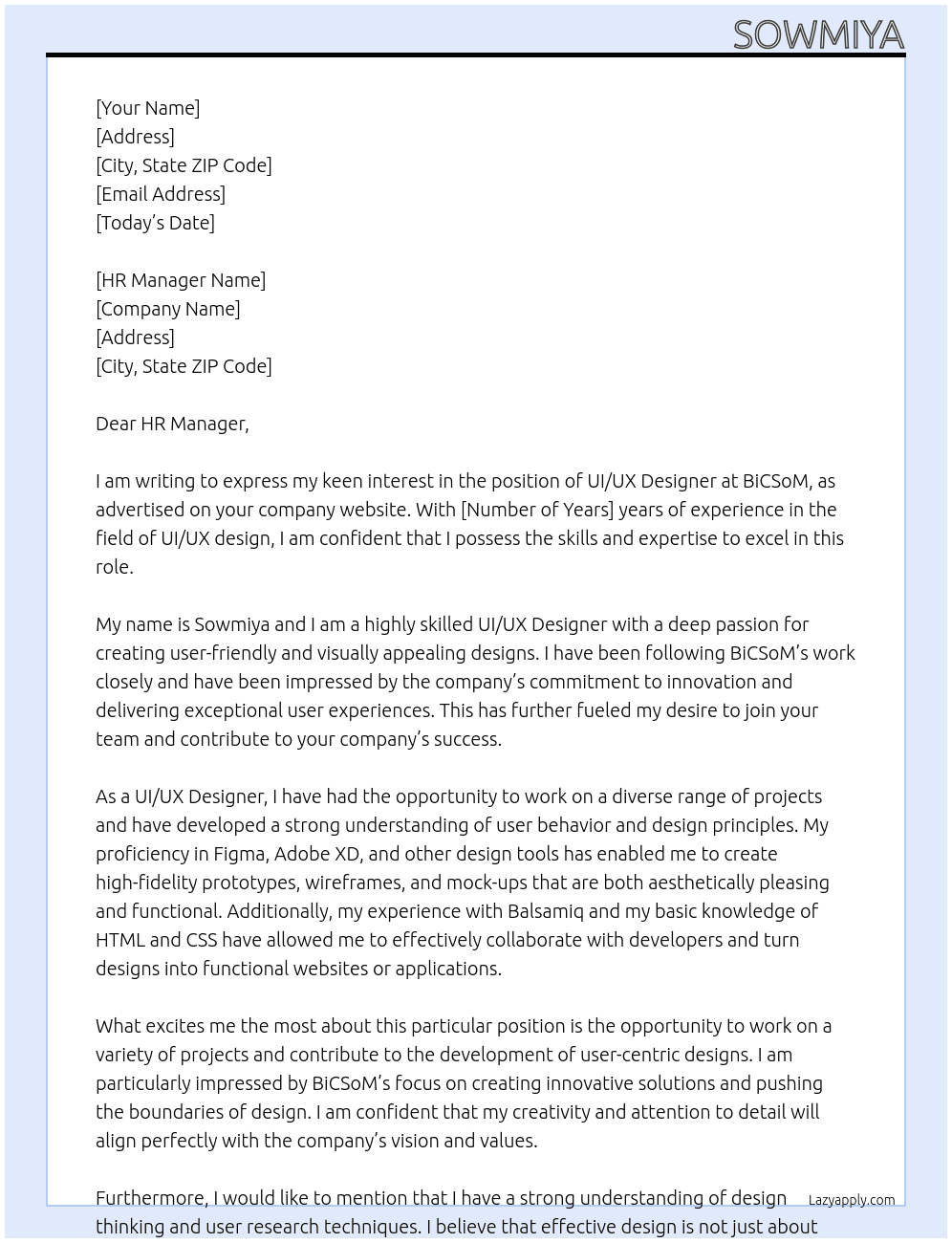 UI/UX DESIGNER At BiCSoM Cover Letter